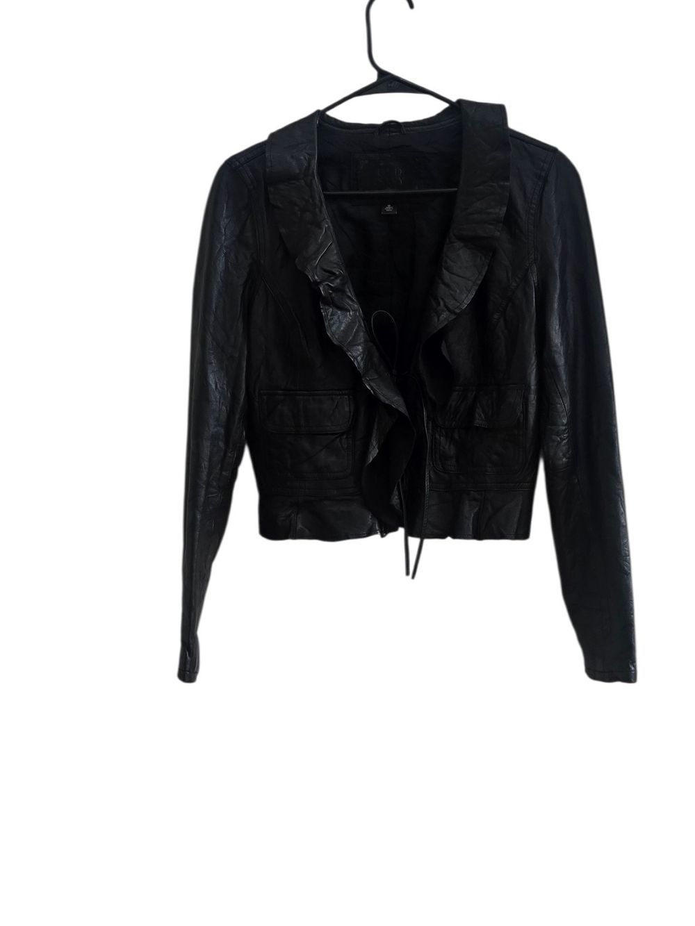 VTG Old Navy Genuine Leather Cropped Ruffle Jacket Black M Y2K Whimsigoth